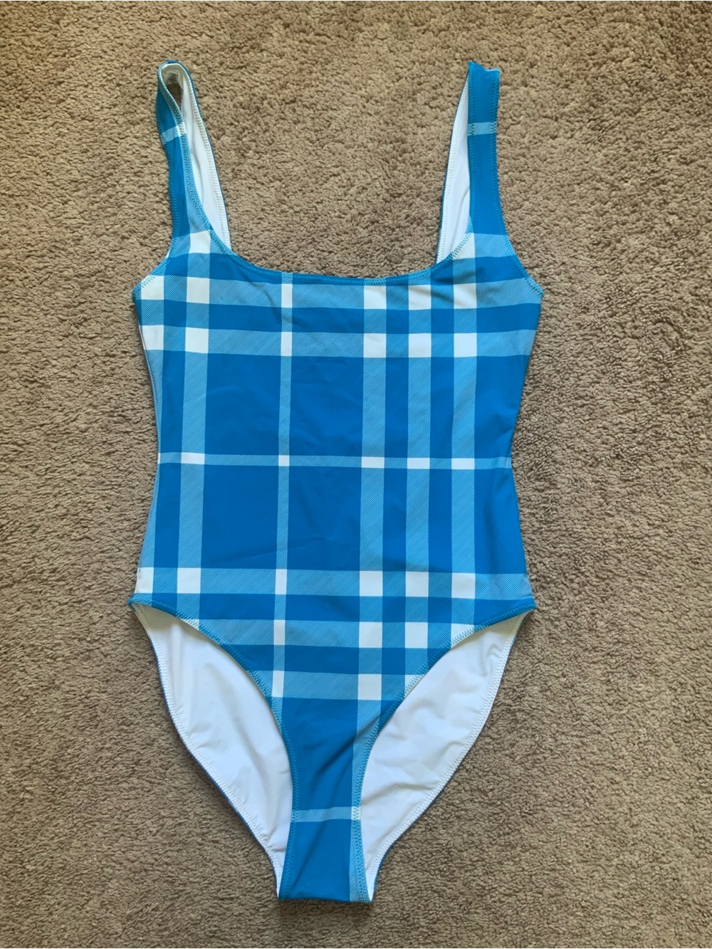 Burberry Women’s Blue White Checked Stretched One Piece Designer Swim Suit Small